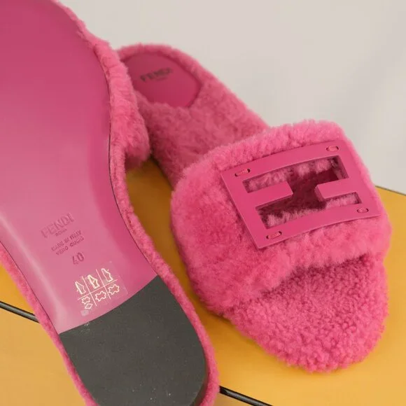 Fendi Shearling FF Baguette Pink Slide Sandals - Picture 6 of 8